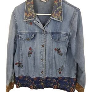 Vintage Stonebridge Denim Jacket Embroidered Floral LARGE Boho Hippie Tapestry